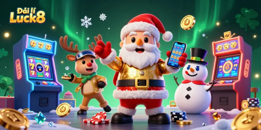 Engage with Đại lý Luck8 in a lively casino scene filled with animated characters and jackpot slots.