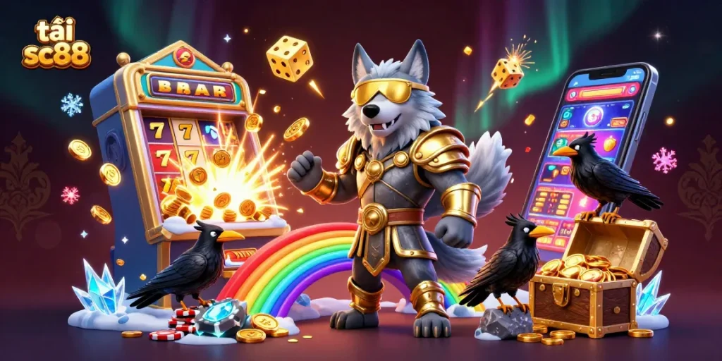Experience the excitement of tải sc88 with Odin and ravens amid an explosive casino scene.