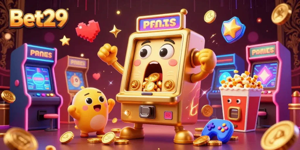 Experience excitement with Bet29's vibrant 3D slot machine scene, celebrating jackpots and fun!