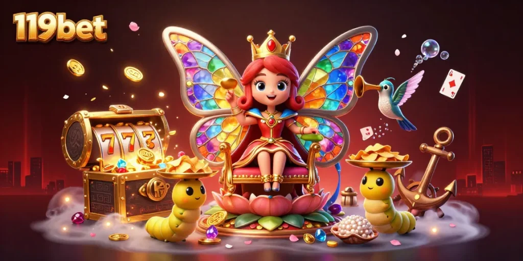 Bet big with 119bet's engaging slots and casino vibes illustrated in a vibrant scene.