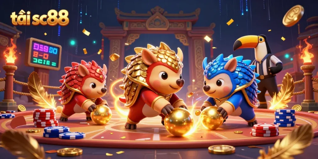 Engage with exciting gaming experiences by tải sc88, controlling rival pangolins amidst vibrant casino elements.
