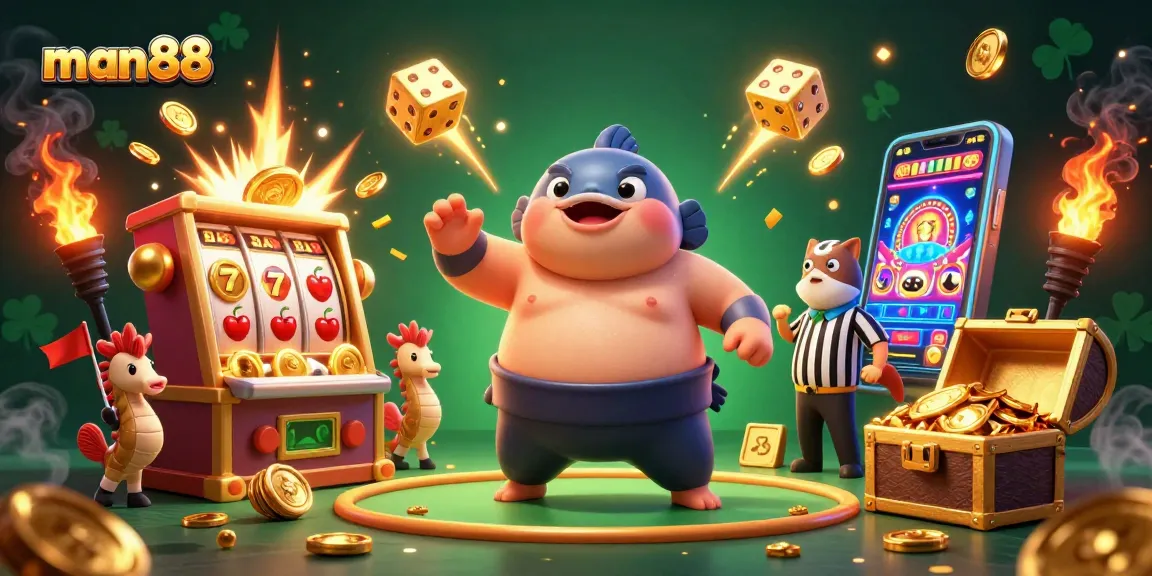 Win big with man88 at a vibrant casino-themed underwater scene featuring 3D cartoon characters.