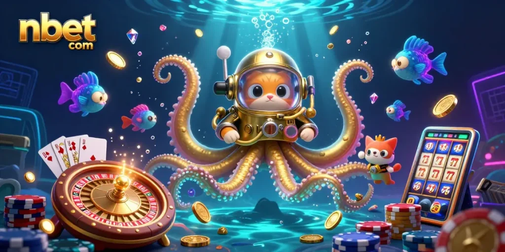 Play games at nbet com with a vibrant kraken scene showcasing casino elements and diving cat.