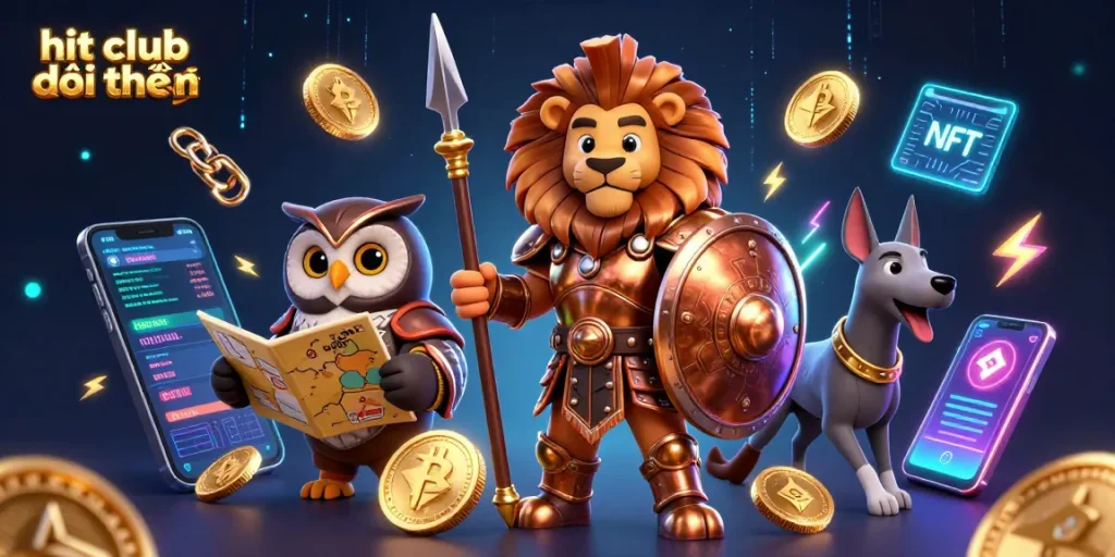 Join the excitement at hit club đổi thưởng with a vibrant 3D casino illustration featuring heroic characters and crypto games.