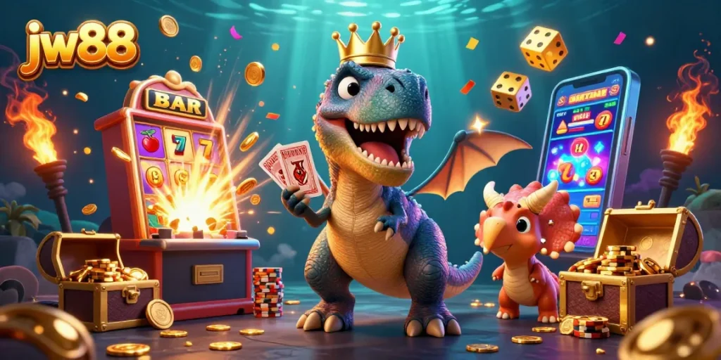 Experience thrilling jackpots with jw88's vibrant 3D gaming scene featuring animated characters and casino elements.