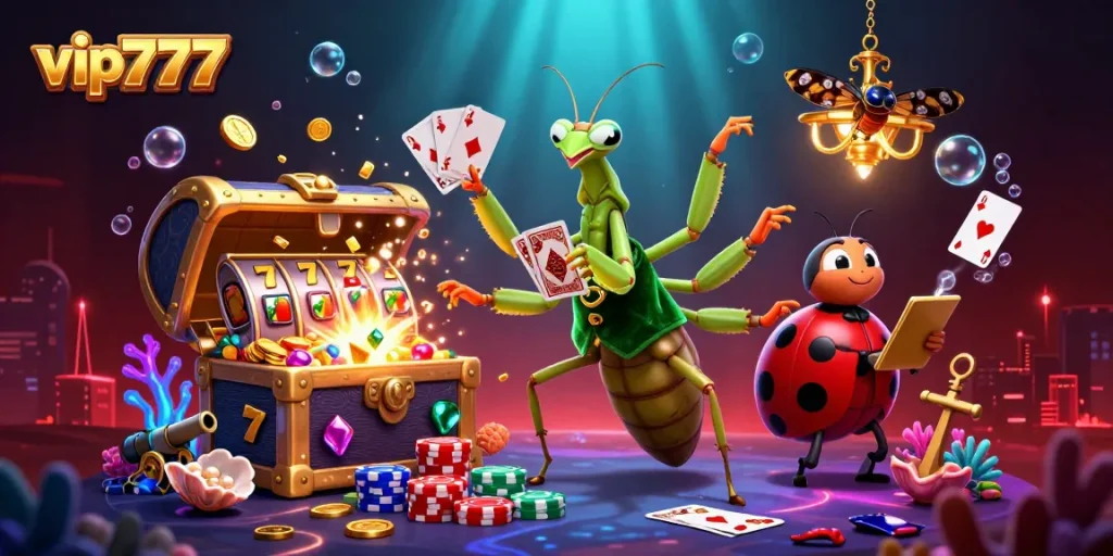 Engage with virtual slots at vip777 featuring a giant mantis dealer and ladybug boss.