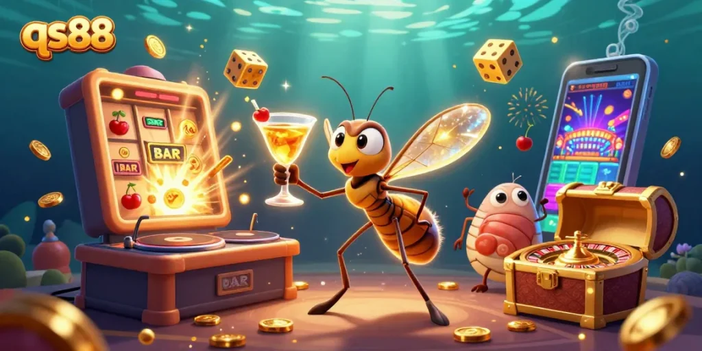 Experience the engaging world of qs88 with a lively casino scene featuring a mosquito mascot, trilobite DJ, and roulette.