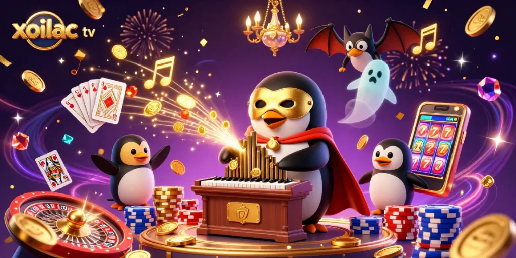 Xoilac TV captivates with a live gambling scene featuring a penguin maestro and vibrant casino elements.