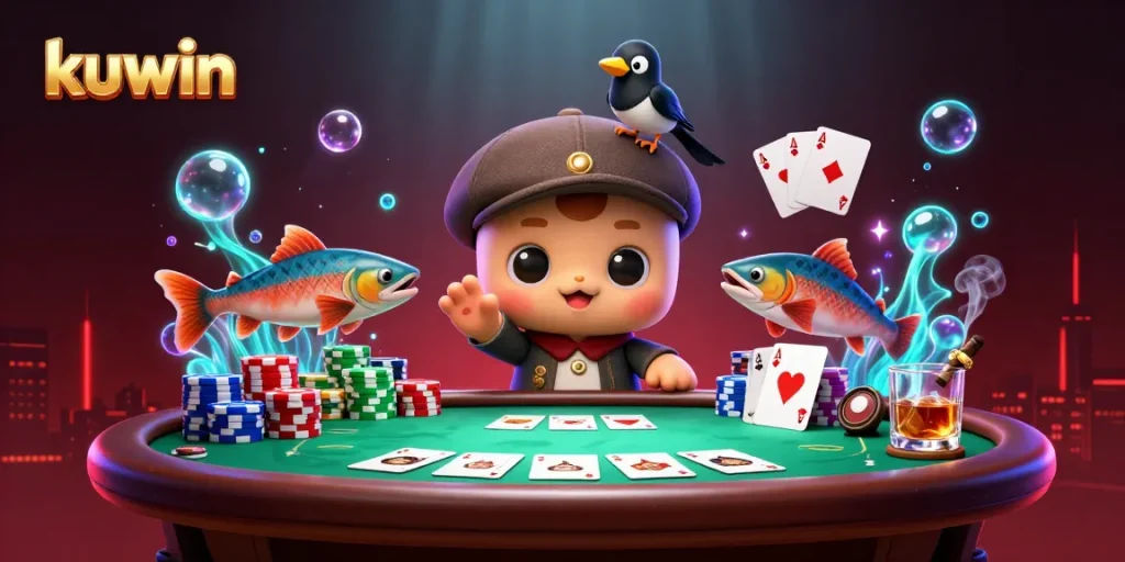 Play engaging casino games with kuwin featuring cartoon Nessie, poker elements, and vibrant atmosphere.