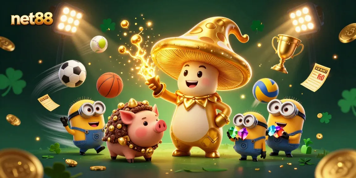 Betting magic with net88: a vibrant 3D scene filled with sports elements and golden treasures.