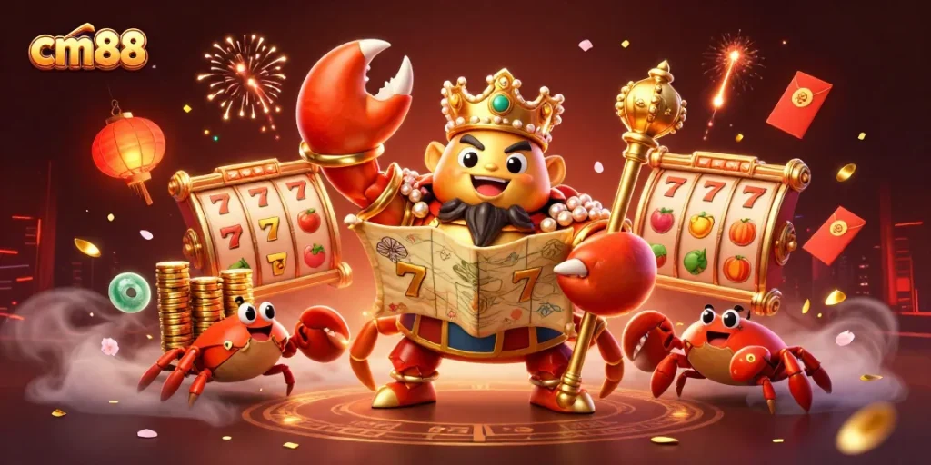 Experience exciting slots at cm88 with a golden crab emperor and vibrant symbols illuminating the casino scene.