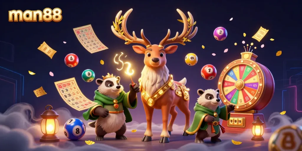Experience the excitement of man88 with a vibrant illustration of a druid stag amid lottery elements.