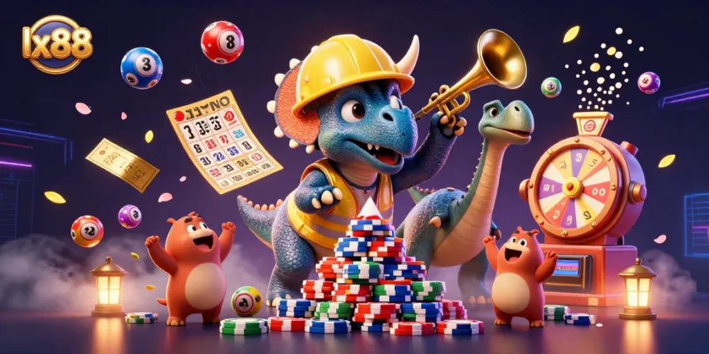 Experience the excitement of lx88 through a vibrant 3D casino scene filled with joyous characters and dynamic game elements.
