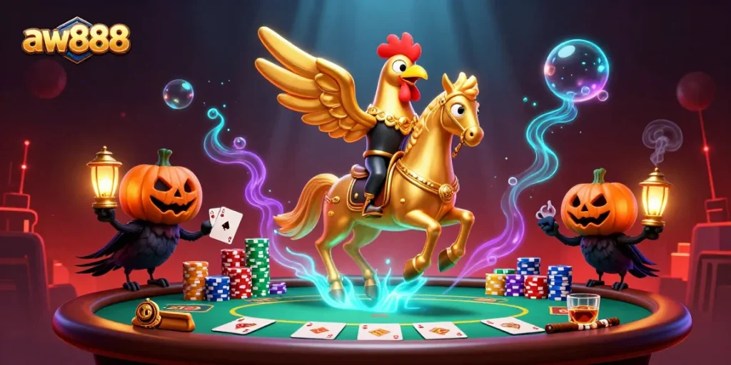 Experience thrilling gameplay with aw888, highlighted by vibrant casino elements and unique characters.