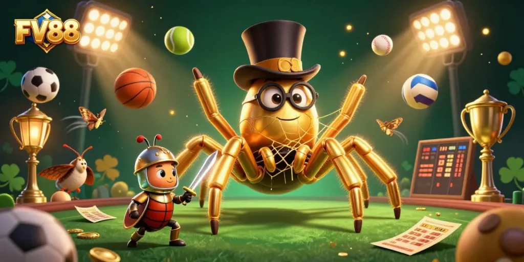Engage with the FV88 casino scene featuring a golden tarantula and knight in a vibrant gambling environment.