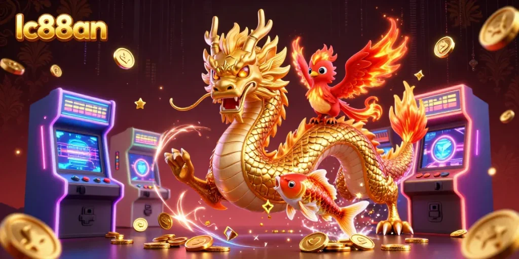 Experience thrilling adventures with lc88an's magical dragon and phoenix in a vibrant casino scene filled with excitement.