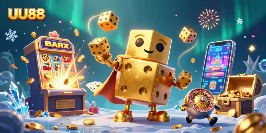 Experience thrilling gaming at UU88 with vibrant casino elements including golden dice and slot machines.