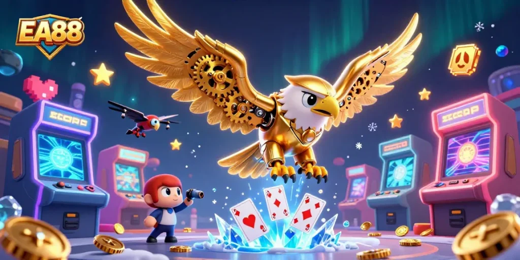 Engage with EA88 as a cybernetic eagle dives through holographic cards in a vibrant casino scene.