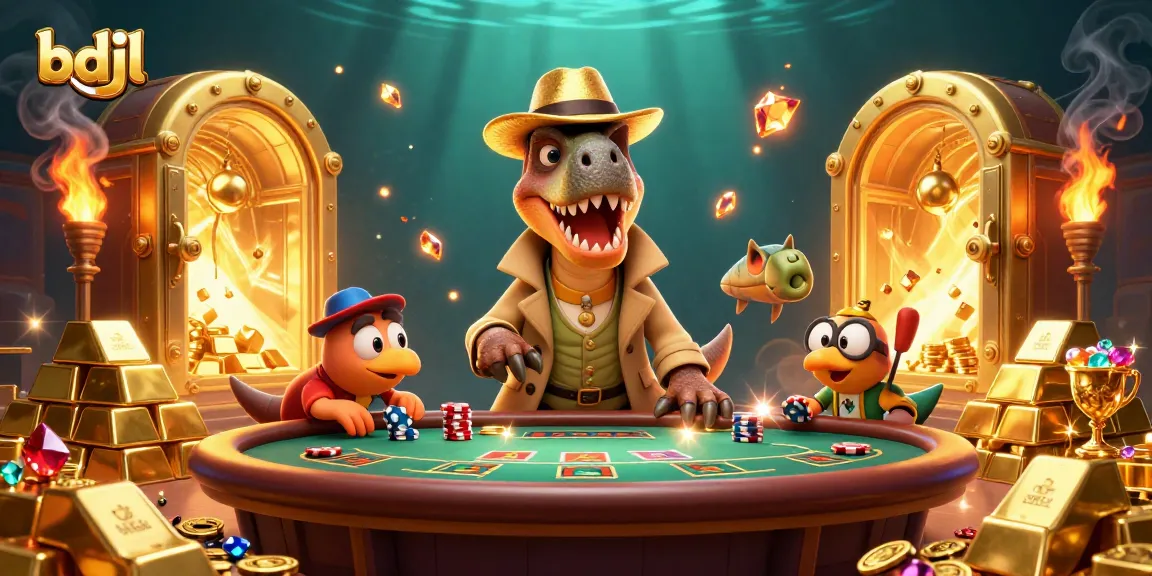 Join the action at bdjl with a cartoon velociraptor card counter amid sparkling casino treasures.
