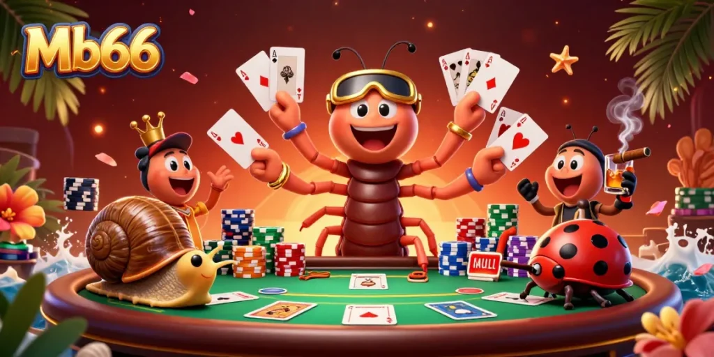 Experience excitement at Mb66 casino with a dynamic 3D illustration of a millipede dealer and high-stakes action.