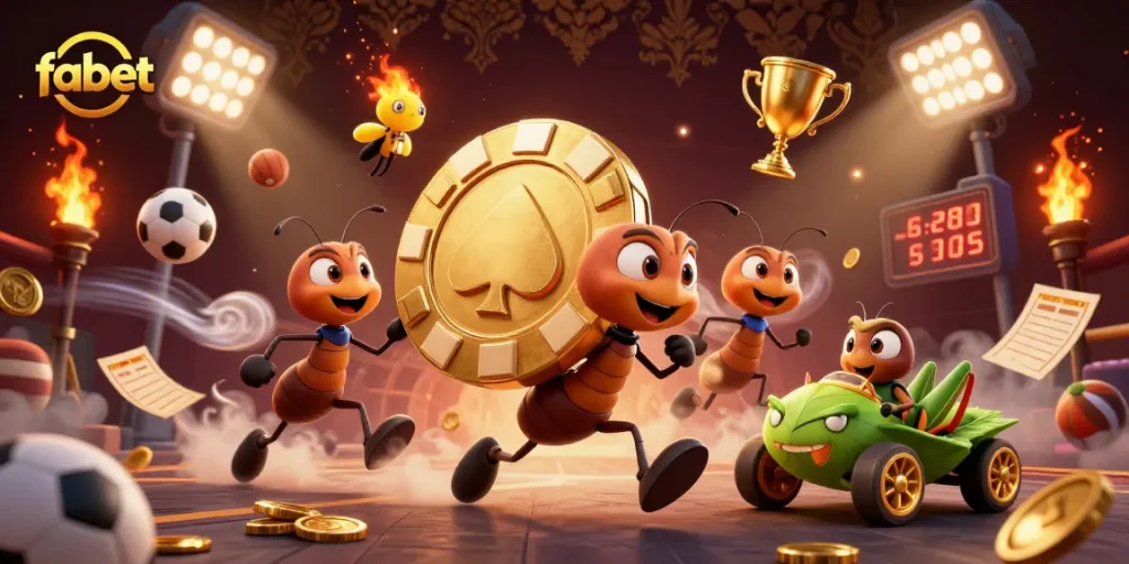 Engaging fabet illustration featuring playful ants conspiring in a casino heist.