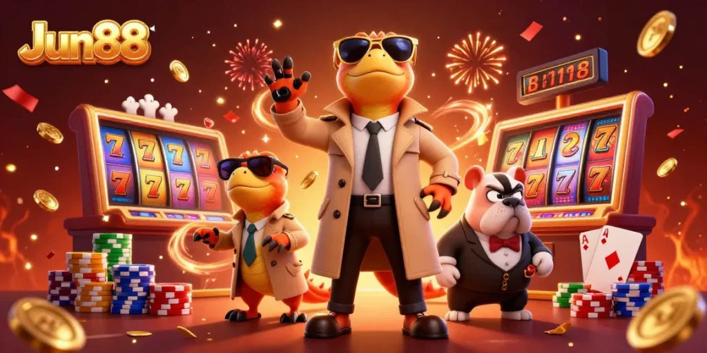 Experience thrilling gaming with Jun88's vibrant casino scene featuring playful raptors entering a VIP lounge.