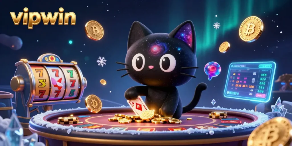 Engage with vipwin at a cosmic casino featuring a captivating 3D cat and fox, surrounded by vibrant gaming elements.