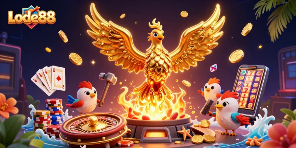 Lode88 offers a vibrant 3D illustration of golden phoenix and gambling elements, showcasing exhilarating wins.