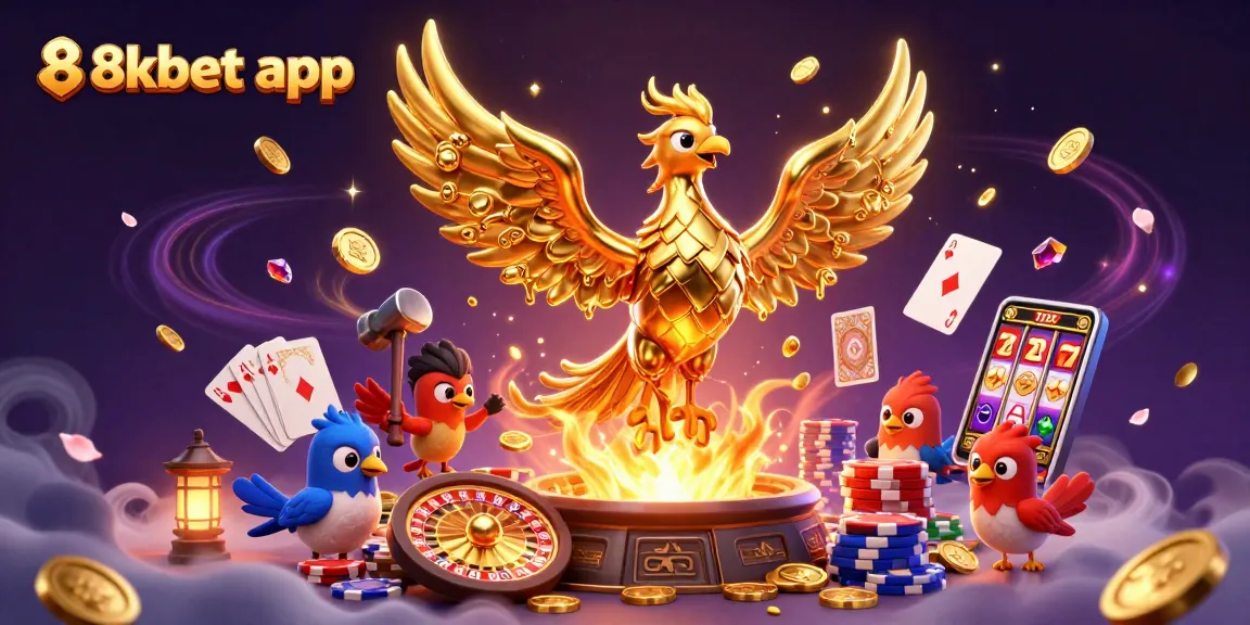 Experience thrilling games with the 8xbet app in this vibrant casino illustration.