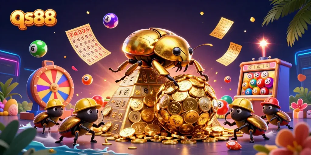 Engage in exciting gaming action at qs88 with vibrant illustrations of golden casino elements and dynamic symbols.