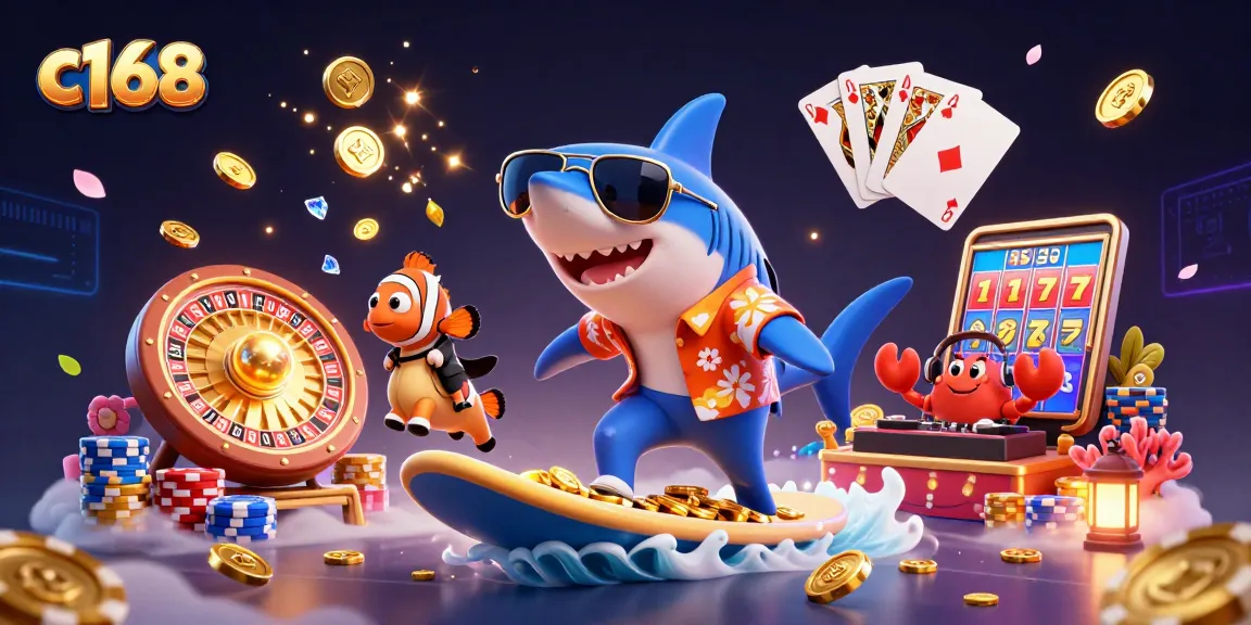 Experience the thrill of c168 with an exciting illustration of a hammer-head shark and friends enjoying a vibrant casino adventure.