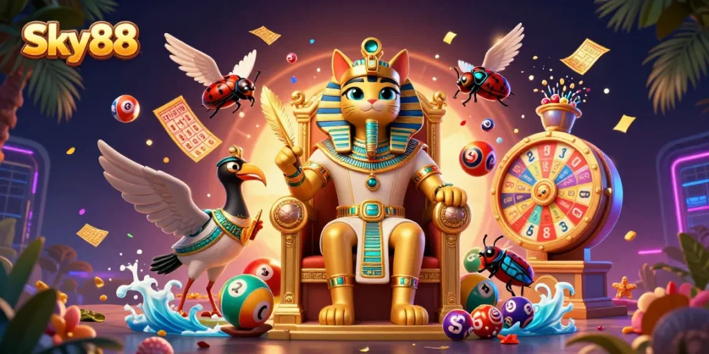 Engage with thrilling Sky88 lottery experiences through vibrant 3D casino illustration.