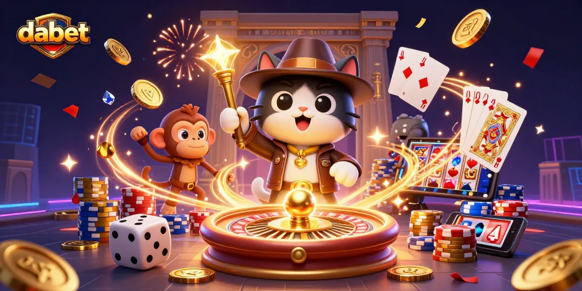 dabet portrays a dynamic scene of a cat archaeologist and monkey companion discovering casino treasures in a temple.