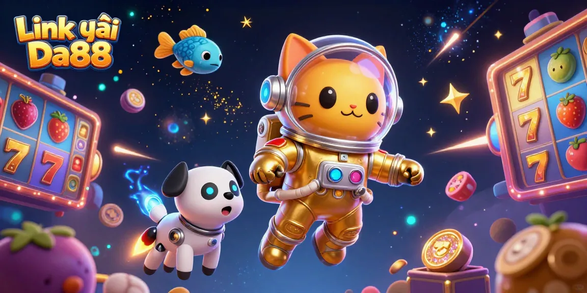 Engage in exciting gameplay with Link vào Da88, featuring a space cat and a robot dog amidst golden slot machines.