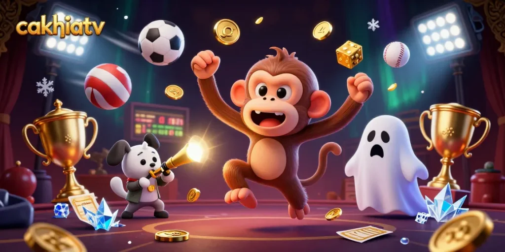Watch cakhiatv's dynamic sports betting features with vibrant 3D illustrations and engaging elements.