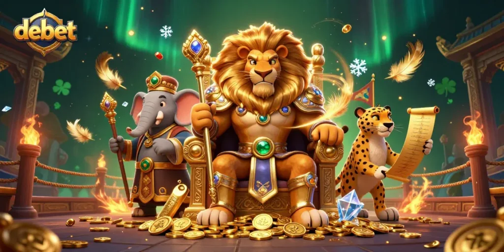 Engage with debet's vibrant gaming scene featuring a lion king, elephant advisor, and cheetah messenger.