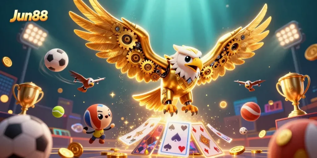 Experience thrilling gameplay with Jun88, featuring a cybernetic eagle and sports elements in a vibrant casino scene.