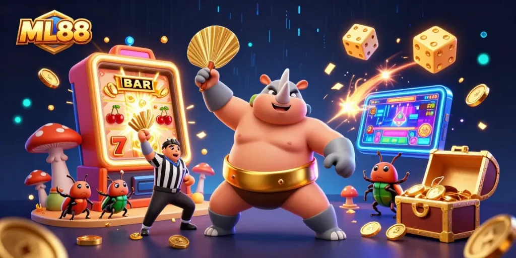 Experience game excitement with ML88 symbolizing a jackpot thrill in a vibrant scene with characters and coins.