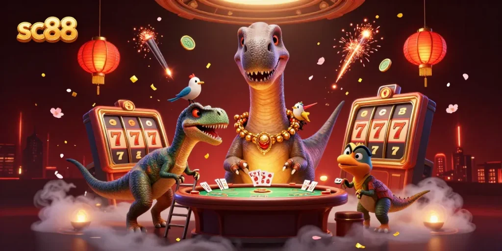 Engage in thrilling slots and jackpots at sc88 with a 3D dinosaur and raptor dealer