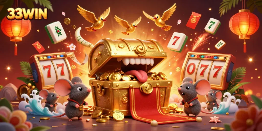 Experience the thrill of winning with 33WIN’s vibrant 3D casino scene of treasure and excitement.