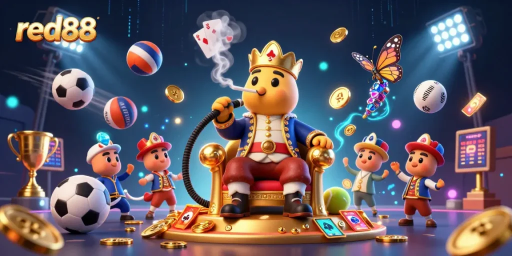 Experience thrilling action at red88 with a high-energy 3D illustration of a casino scene.