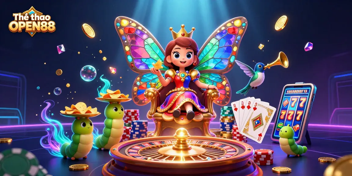 Experience thrilling sports betting with Thể thao OPEN88, featuring vibrant casino elements and dynamic characters.