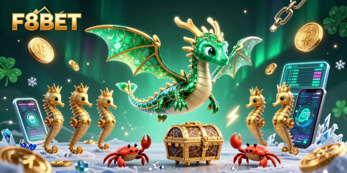 Engage with F8BET's vibrant gaming world featuring a majestic sea dragon and treasure chest in a dynamic illustration.