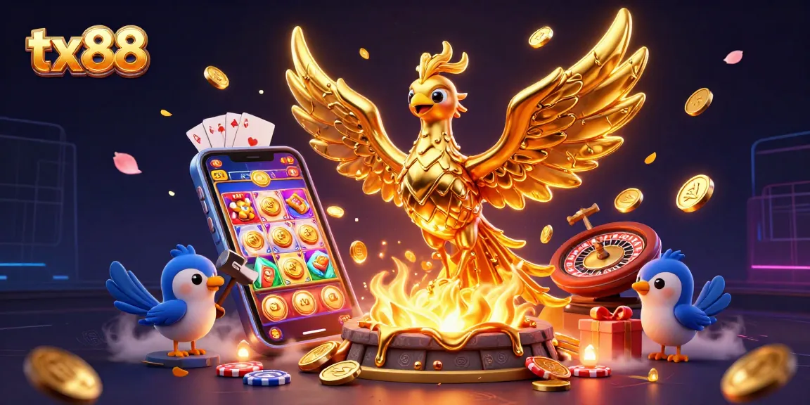 Experience thrilling tx88 gaming with a molten gold phoenix and vibrant casino elements.
